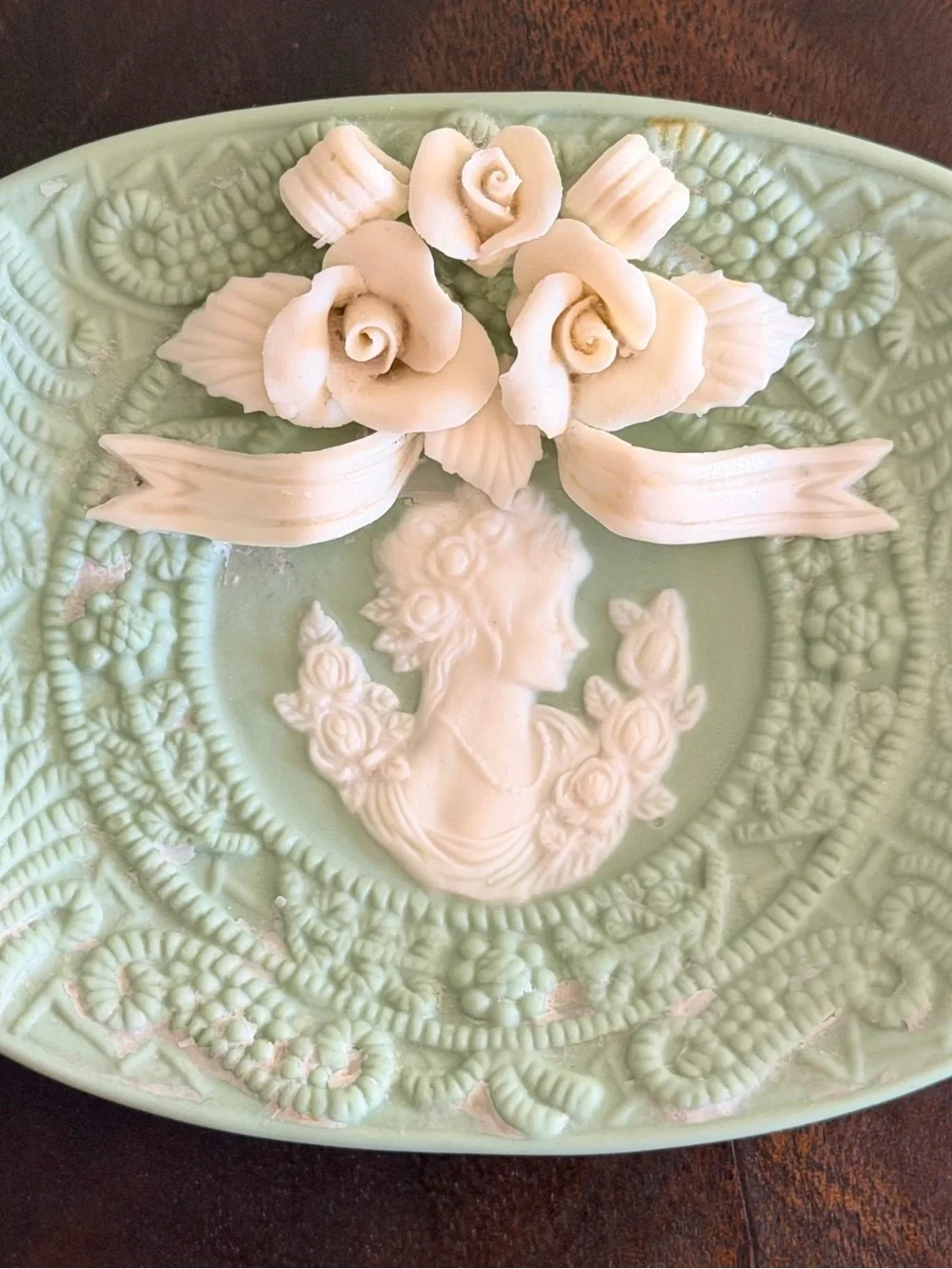 Vintage Mint Green Cameo Trinket Soap Dish with Roses Vanity Decor